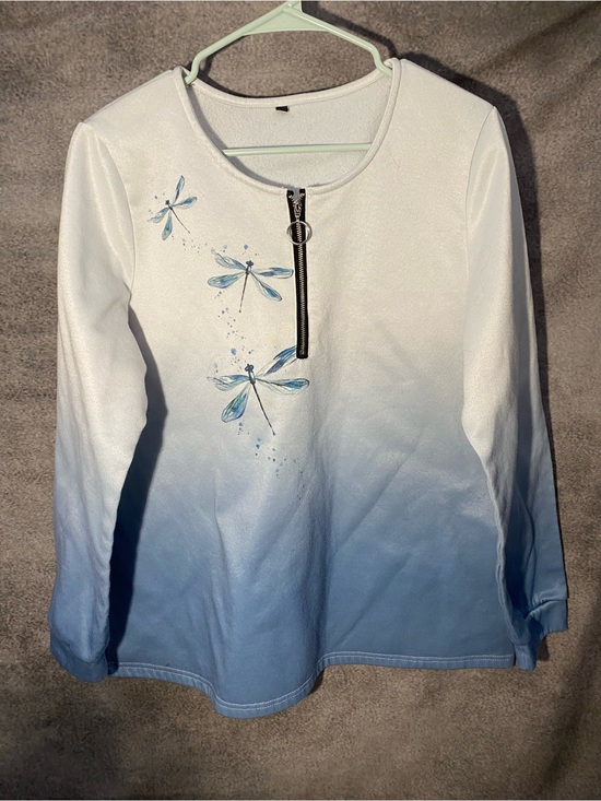 Tops - Womens Blue White Ombre Dragonfly Quarter Zip Pullover Sweatshirt Size XL
